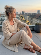 Linen 3-Piece Set for Women Sleeveless Top Wide Leg Trousers Cardigan