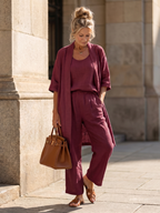Linen 3-Piece Set for Women Sleeveless Top Wide Leg Trousers Cardigan