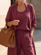 Linen 3-Piece Set for Women Sleeveless Top Wide Leg Trousers Cardigan