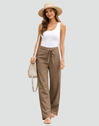 Linen Wide Leg Trousers for Women with Drawstring Waist