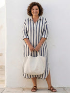 Linen Striped Maxi Dress for Women Relaxed Fit Collared Button Front