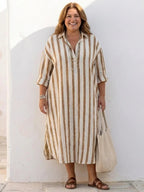 Linen Striped Maxi Dress for Women Relaxed Fit Collared Button Front
