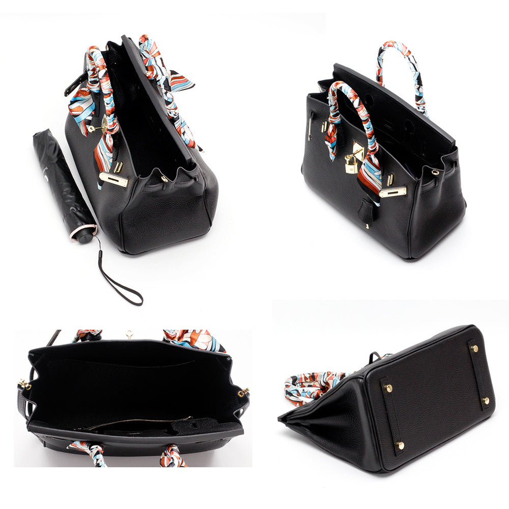 Genuine Leather Twist Lock Handbag with Gold Hardware and Pockets for Women
