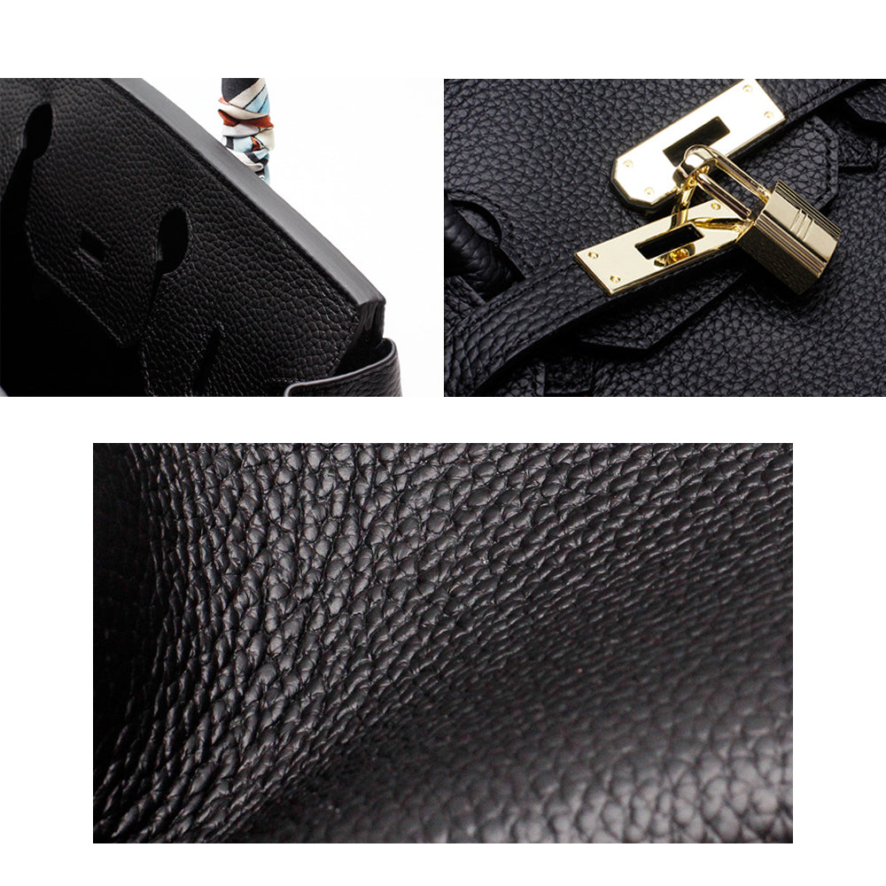 Genuine Leather Twist Lock Handbag with Gold Hardware and Pockets for Women
