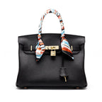 Genuine Leather Twist Lock Handbag with Gold Hardware and Pockets for Women