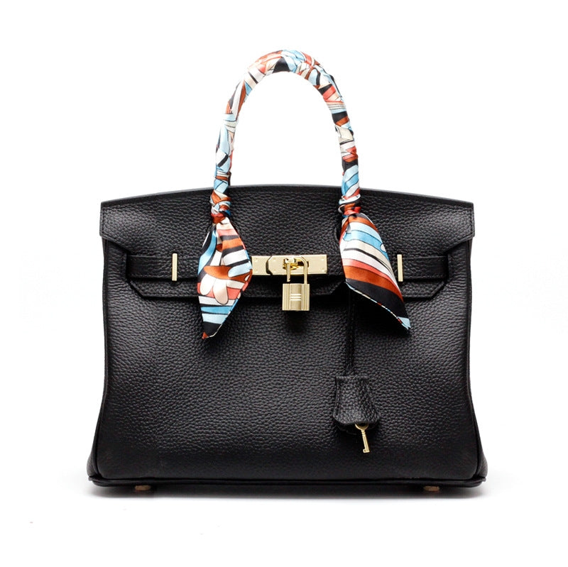 Genuine Leather Twist Lock Handbag with Gold Hardware and Pockets for Women