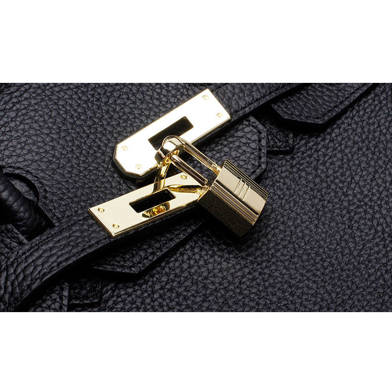 Genuine Leather Twist Lock Handbag with Gold Hardware and Pockets for Women