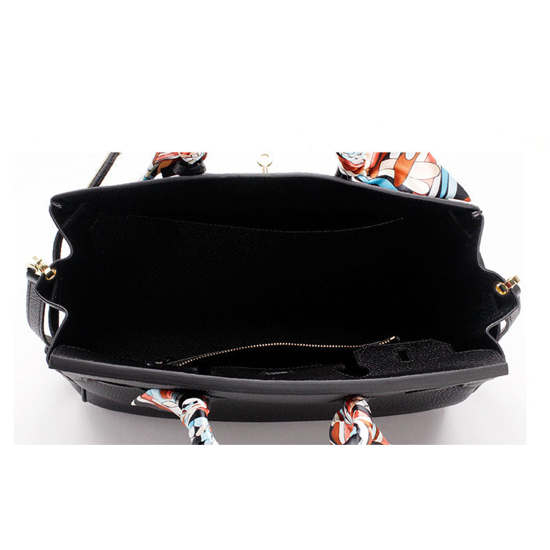 Genuine Leather Twist Lock Handbag with Gold Hardware and Pockets for Women