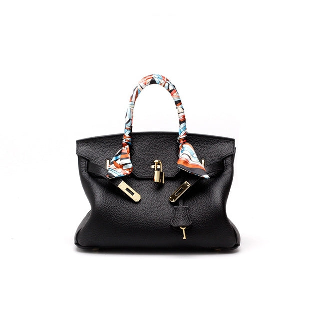 Genuine Leather Twist Lock Handbag with Gold Hardware and Pockets for Women