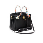 Genuine Leather Twist Lock Handbag with Gold Hardware and Pockets for Women