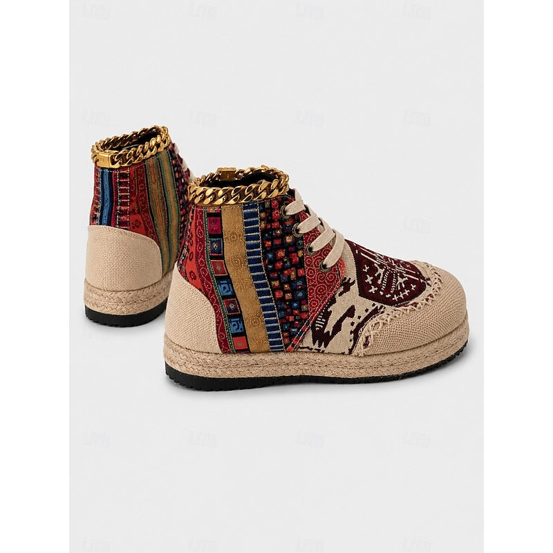 Red and Blue Bohemian Patterned High Top Lace Up Platform Trainers for Women