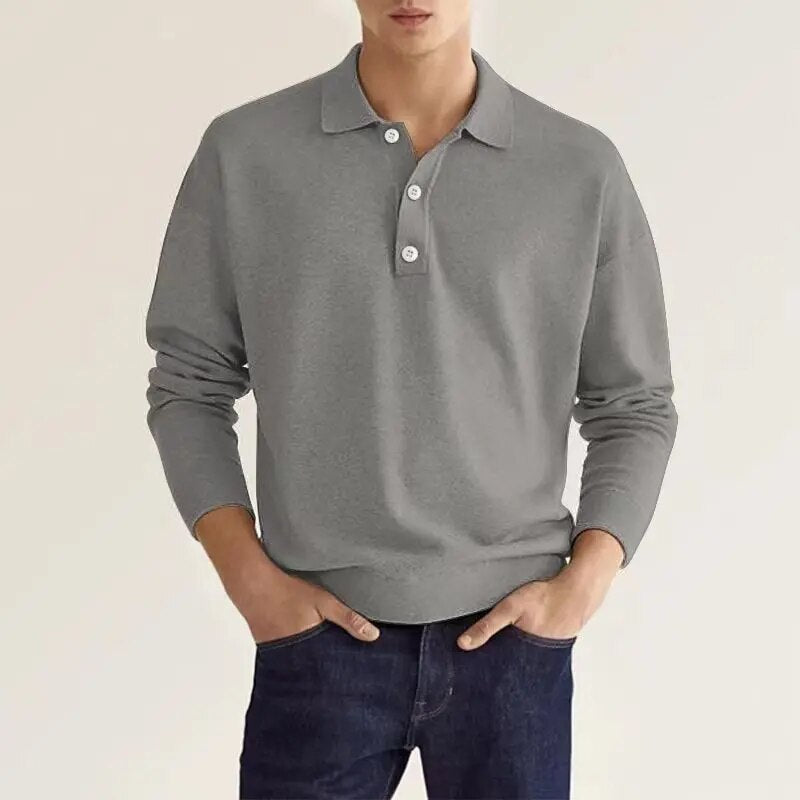 Polycotton Knitted Long Sleeve Polo Shirt for Men | Collared Top