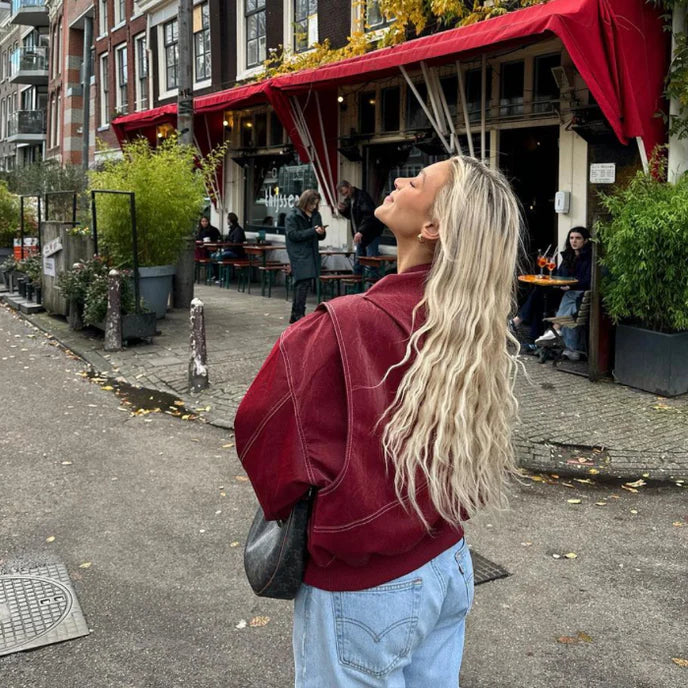 Burgundy Oversized Bomber Jacket for Women | Casual Layering Outerwear