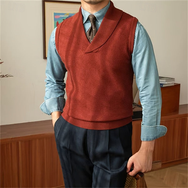 Knitted Shawl Collar V Neck Sleeveless Jumper Waistcoat for Men | Smart Casual