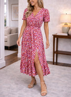 Floral Print V-Neck Midi Dress for Women | Summer Occasion