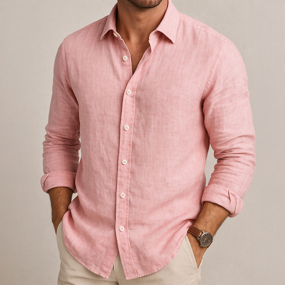 Linen-Blend Button-Front Long Sleeve Shirt for Men