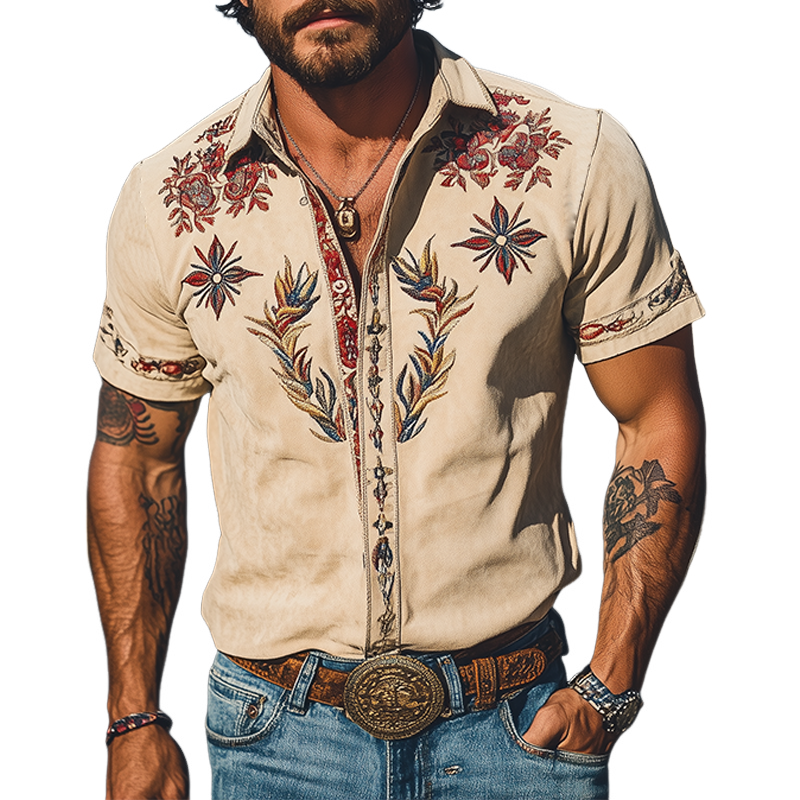 Light Khaki Embroidered Short Sleeve Shirt for Men