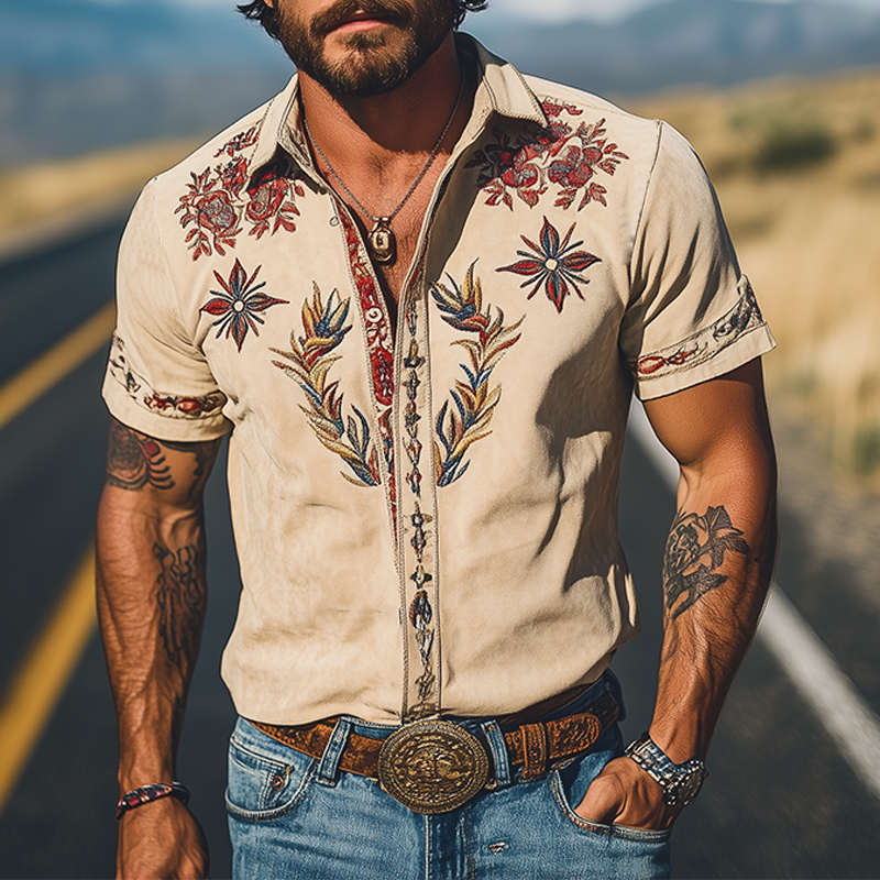 Light Khaki Embroidered Short Sleeve Shirt for Men