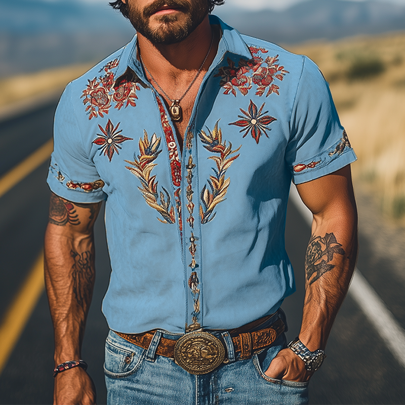 Light Khaki Embroidered Short Sleeve Shirt for Men