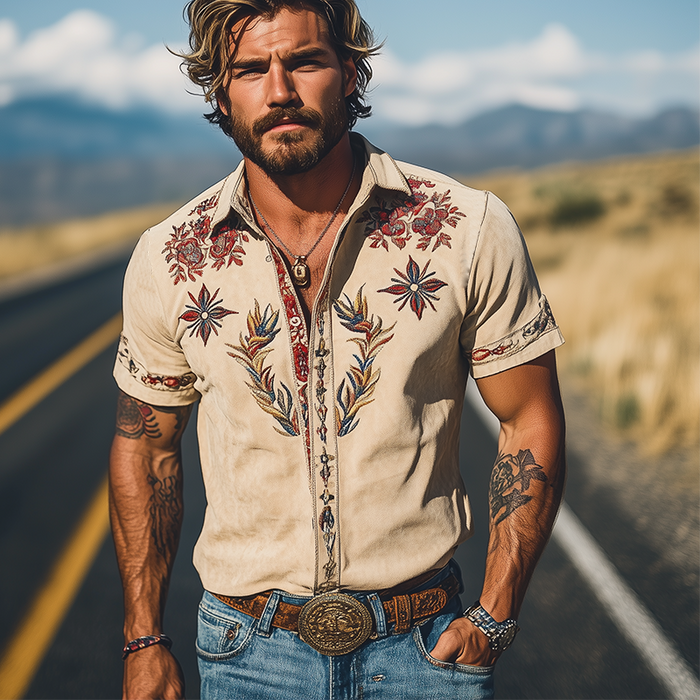 Light Khaki Embroidered Short Sleeve Shirt for Men
