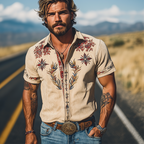 Light Khaki Embroidered Short Sleeve Shirt for Men