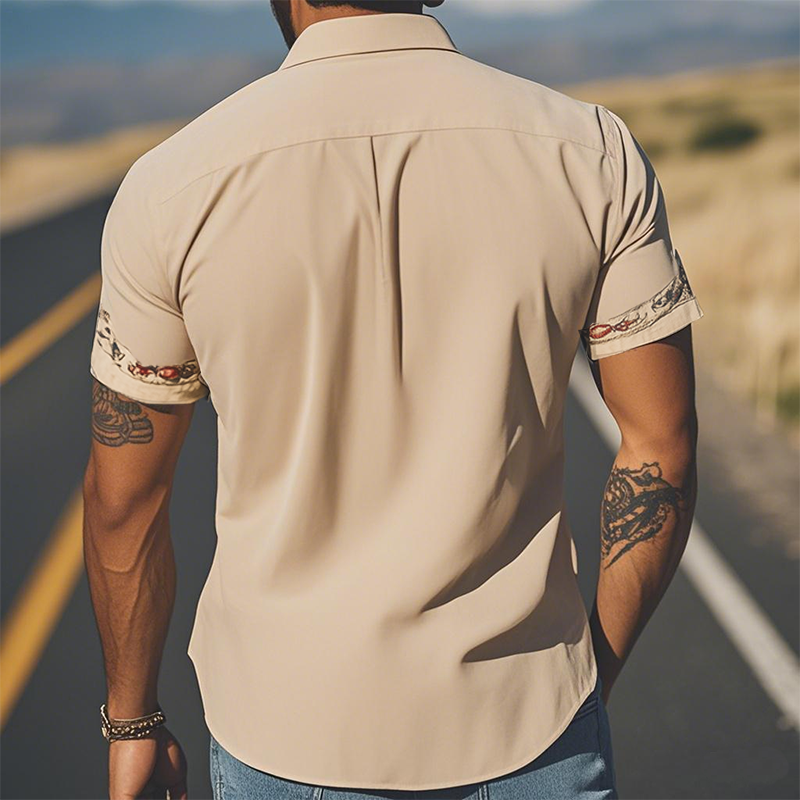Light Khaki Embroidered Short Sleeve Shirt for Men