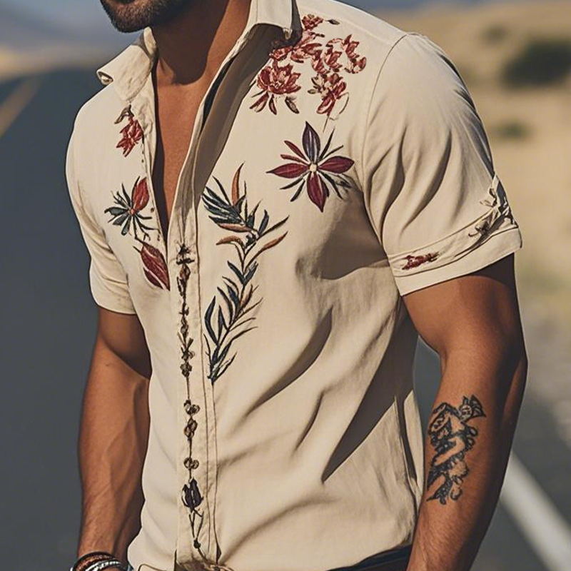 Light Khaki Embroidered Short Sleeve Shirt for Men