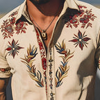 Light Khaki Embroidered Short Sleeve Shirt for Men