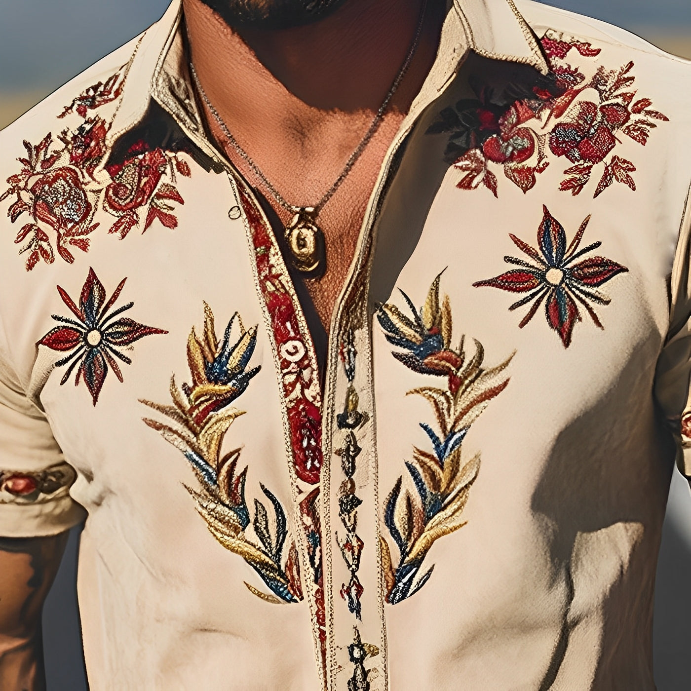 Light Khaki Embroidered Short Sleeve Shirt for Men