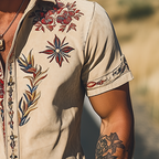 Light Khaki Embroidered Short Sleeve Shirt for Men