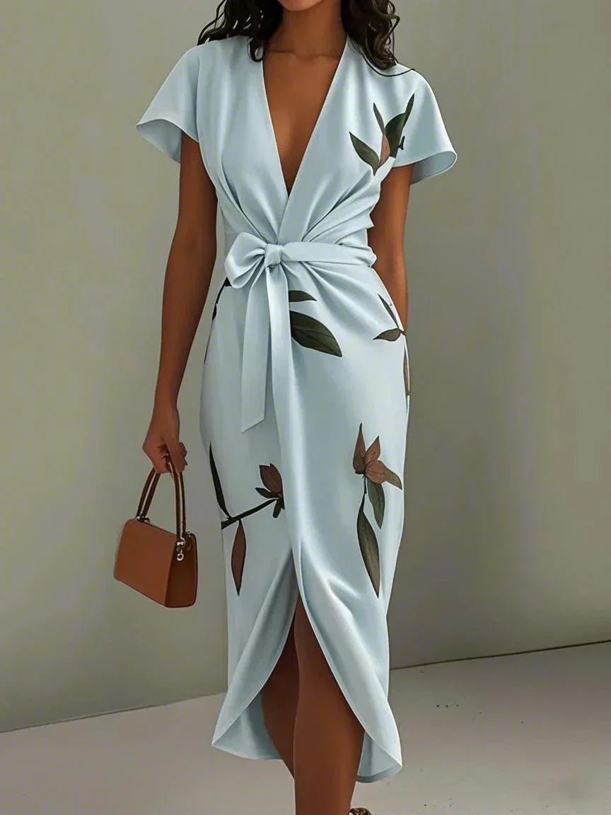Floral Print Wrap Midi Dress for Women with V-Neckline