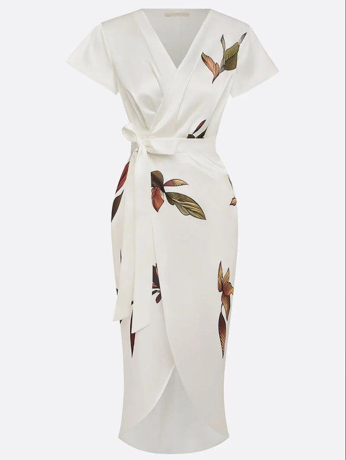 Floral Print Wrap Midi Dress for Women with V-Neckline