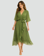 Wrap Neckline Midi Dress for Women | Waist Tie Formal Occasion