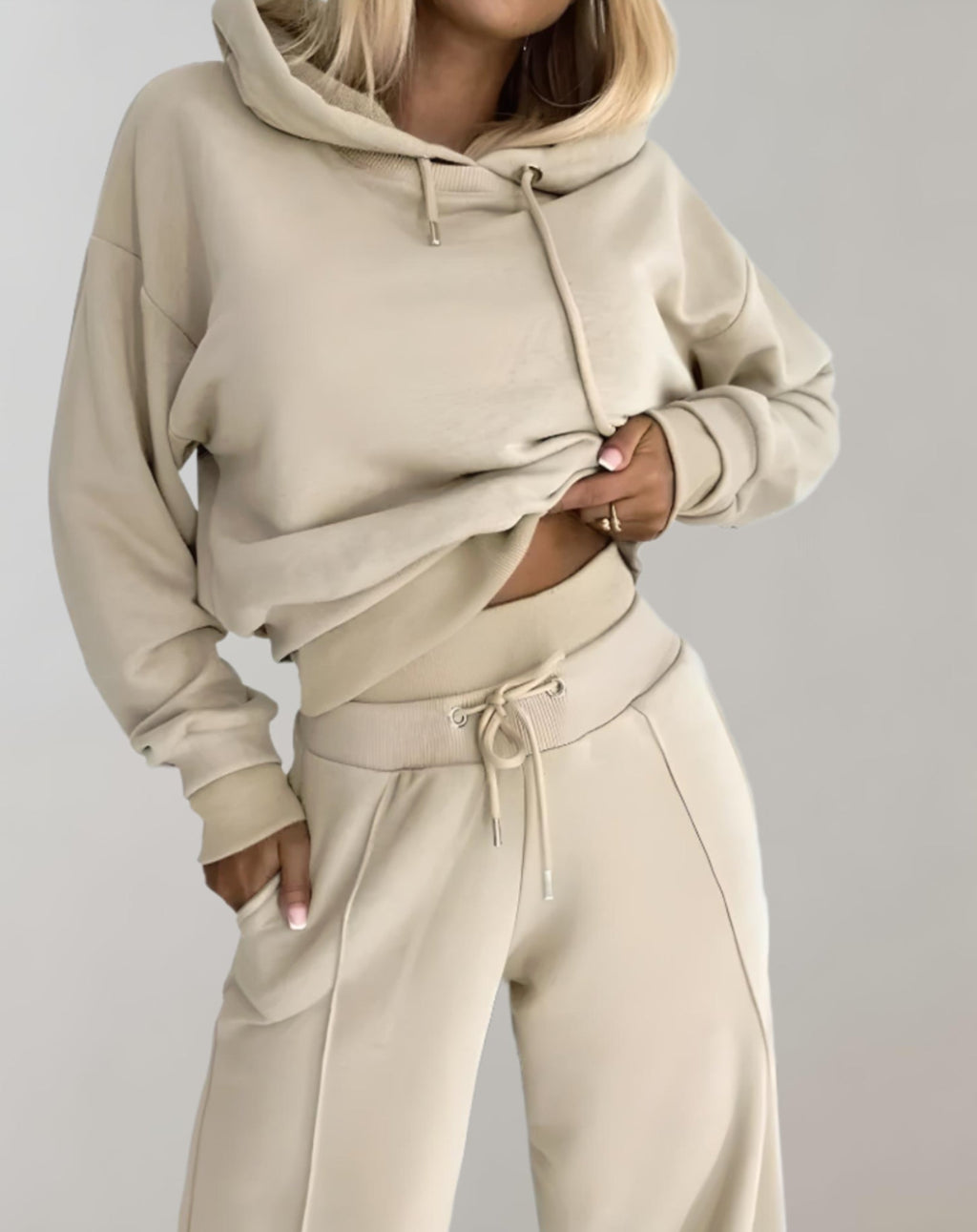 Cotton Blend Hoodie and Wide Leg Trousers Set for Women | Loungewear