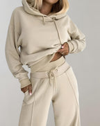 Cotton Blend Hoodie and Wide Leg Trousers Set for Women | Loungewear