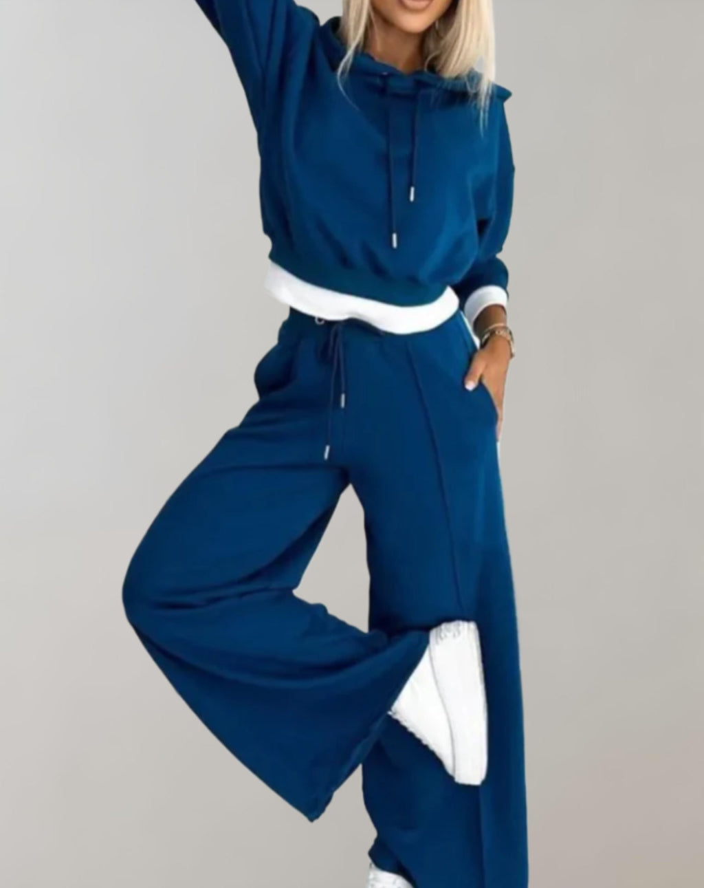 Cotton Blend Hoodie and Wide Leg Trousers Set for Women | Loungewear