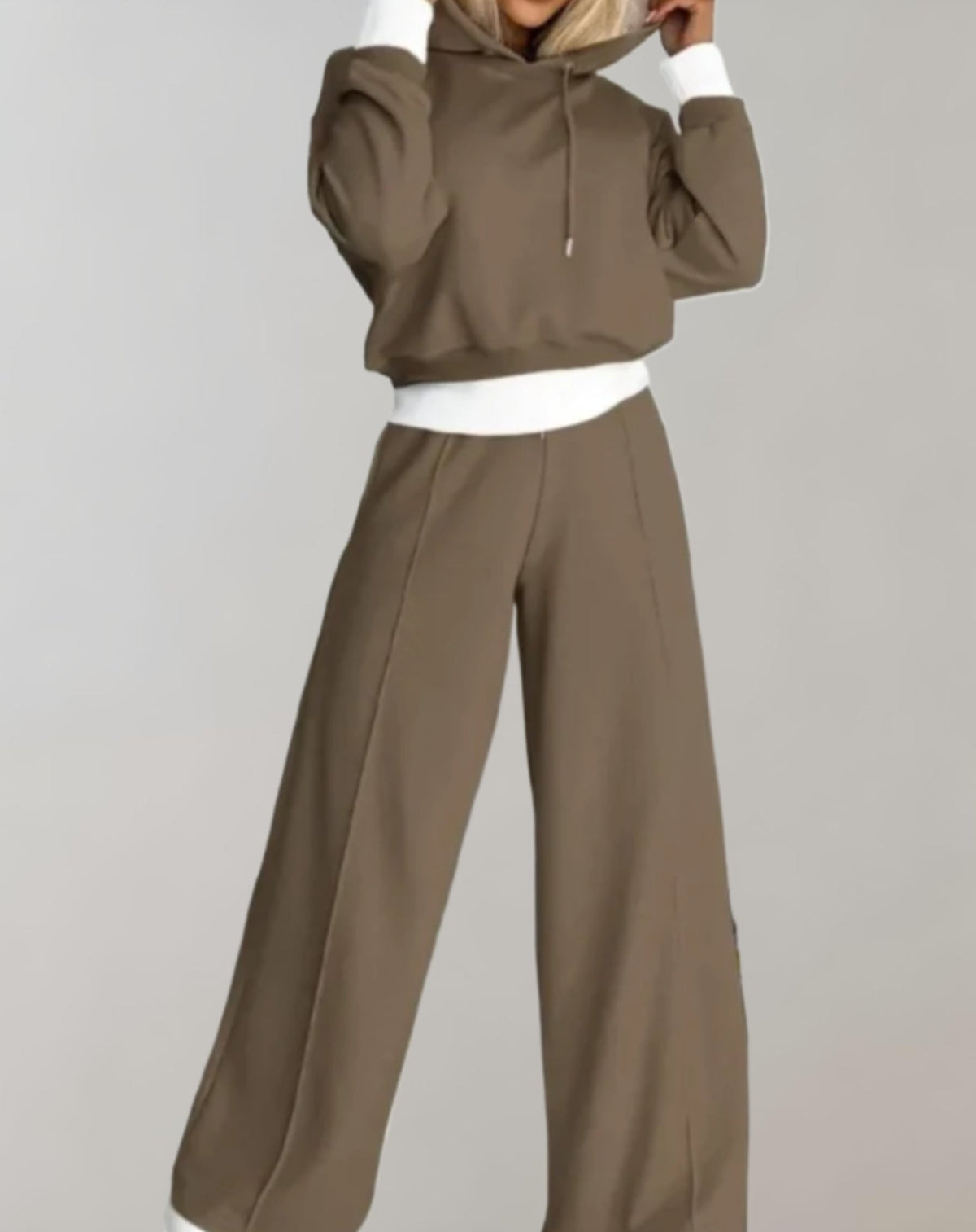 Cotton Blend Hoodie and Wide Leg Trousers Set for Women | Loungewear