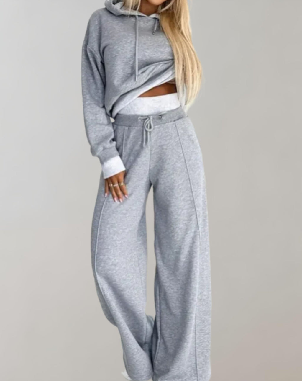 Cotton Blend Hoodie and Wide Leg Trousers Set for Women | Loungewear