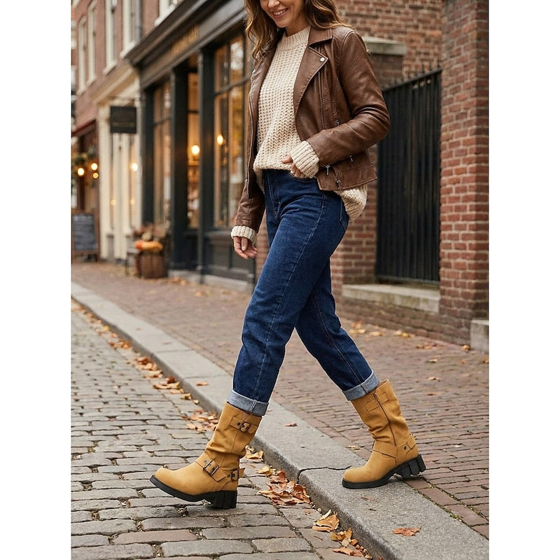 Chunky Sole Mid Calf Biker Boots with Buckle Detail and Block Heel for Women