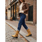 Chunky Sole Mid Calf Biker Boots with Buckle Detail and Block Heel for Women