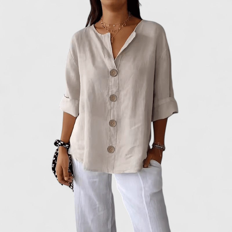 Black V-Neck Short Sleeve Blouse for Women | Relaxed Button-Front