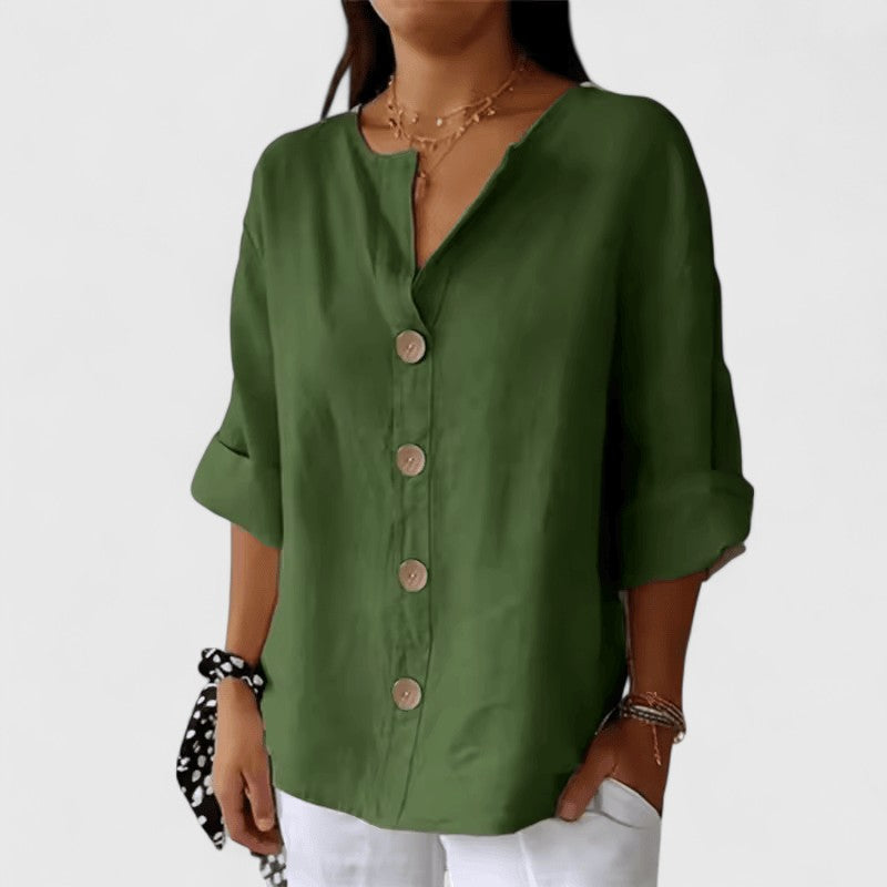 Black V-Neck Short Sleeve Blouse for Women | Relaxed Button-Front