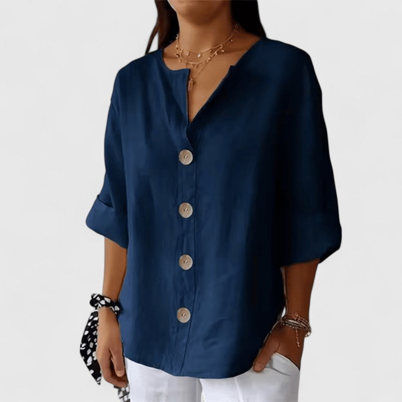 Black V-Neck Short Sleeve Blouse for Women | Relaxed Button-Front
