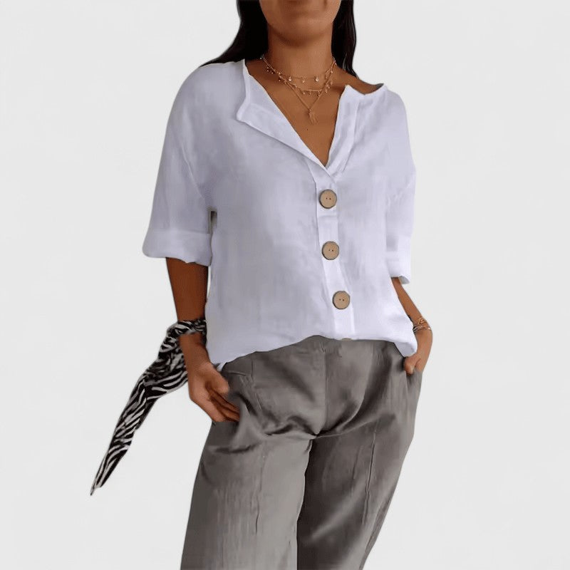 Black V-Neck Short Sleeve Blouse for Women | Relaxed Button-Front