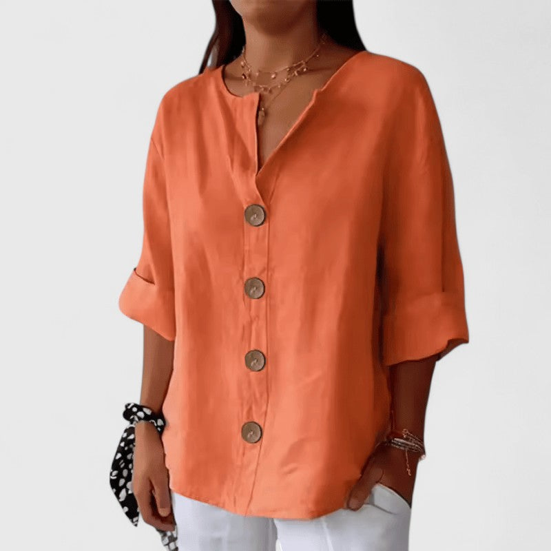 Black V-Neck Short Sleeve Blouse for Women | Relaxed Button-Front