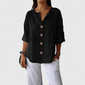 Black V-Neck Short Sleeve Blouse for Women | Relaxed Button-Front
