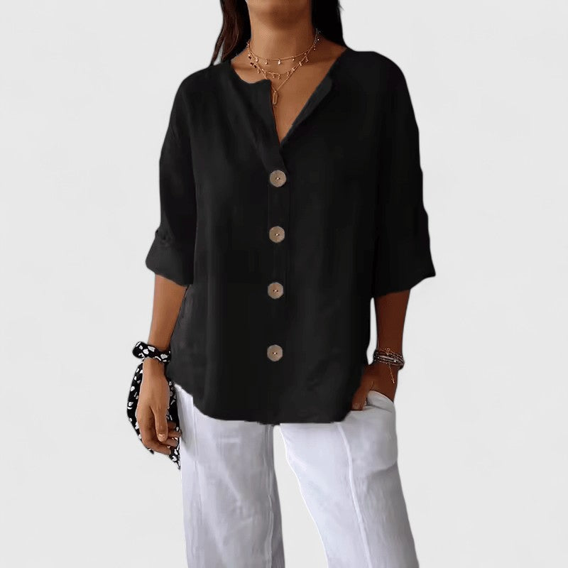 Black V-Neck Short Sleeve Blouse for Women | Relaxed Button-Front