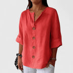V-Neck Short Sleeve Blouse for Women | Relaxed Button-Front