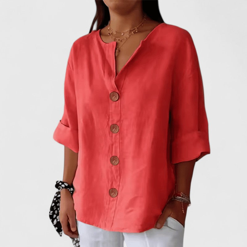 Black V-Neck Short Sleeve Blouse for Women | Relaxed Button-Front