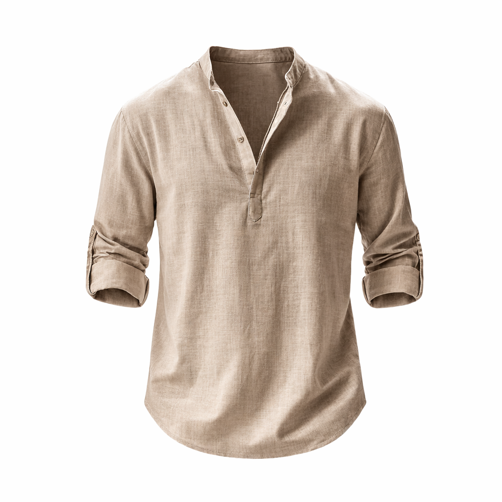 Linen Stand Collar Roll Sleeve Casual Shirt for Men | Open Placket Curved Hem